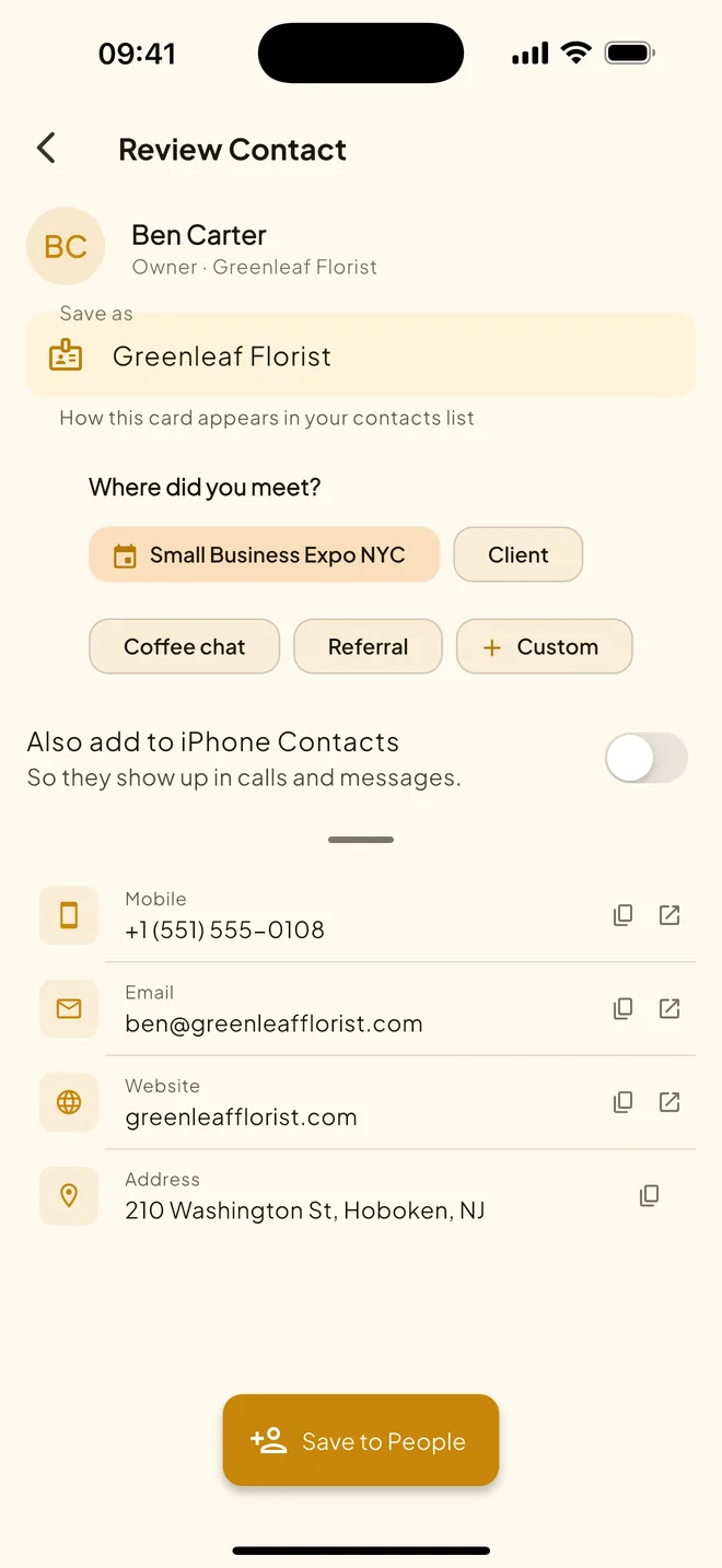 CardIntro Review Contact screen with “Where did you meet?” tags